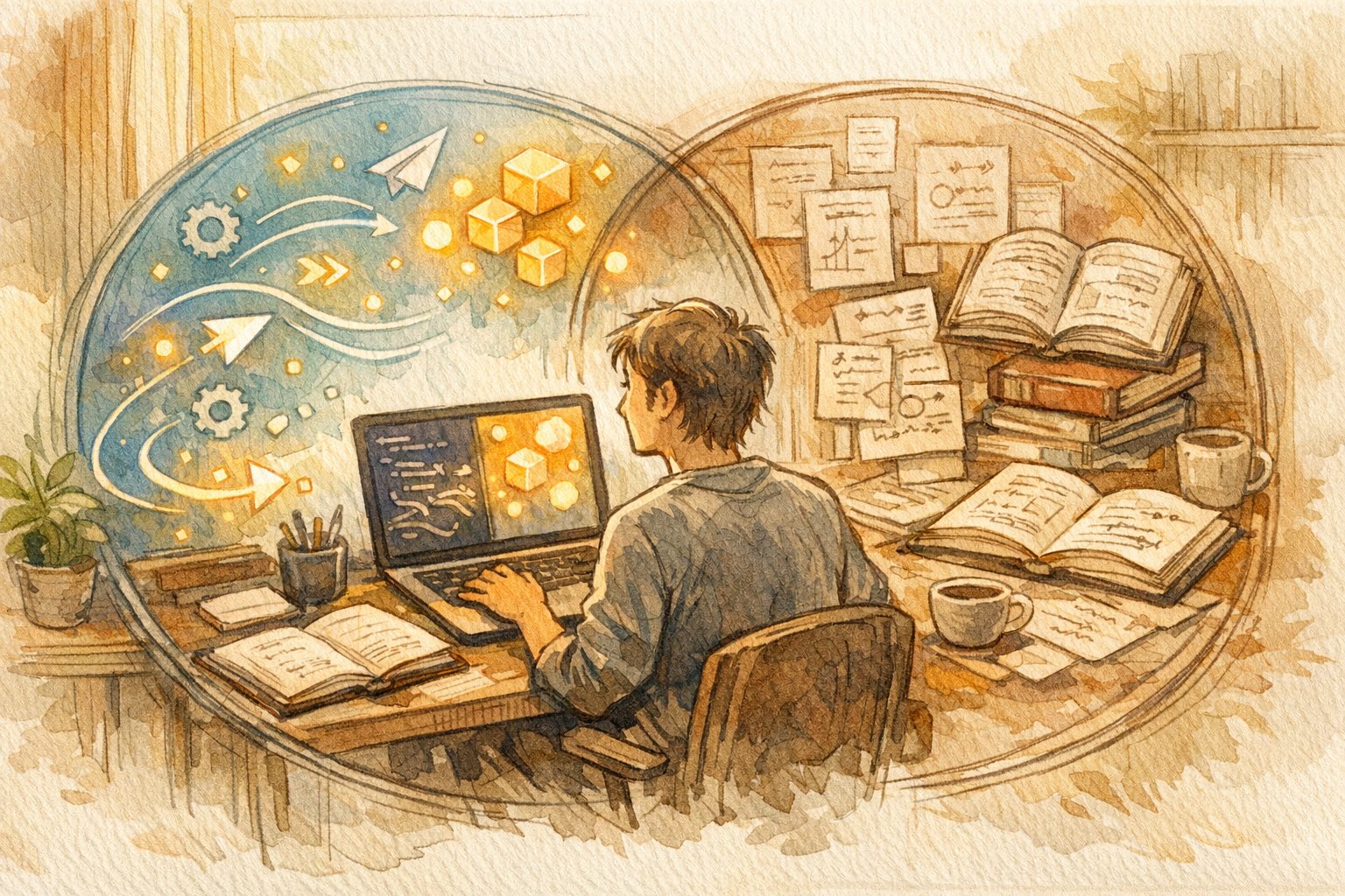 プログラマーがAIと協働しコーディング効率と学習コストを静かにバランスする様子