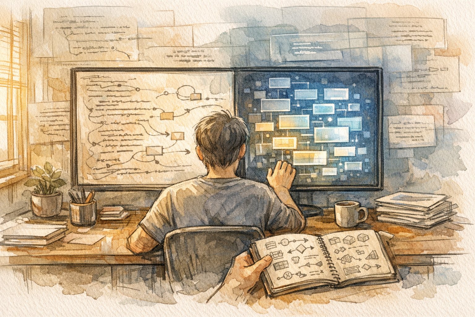 プログラマーがAIと協働しコーディング効率を高める静かな作業デスク風景