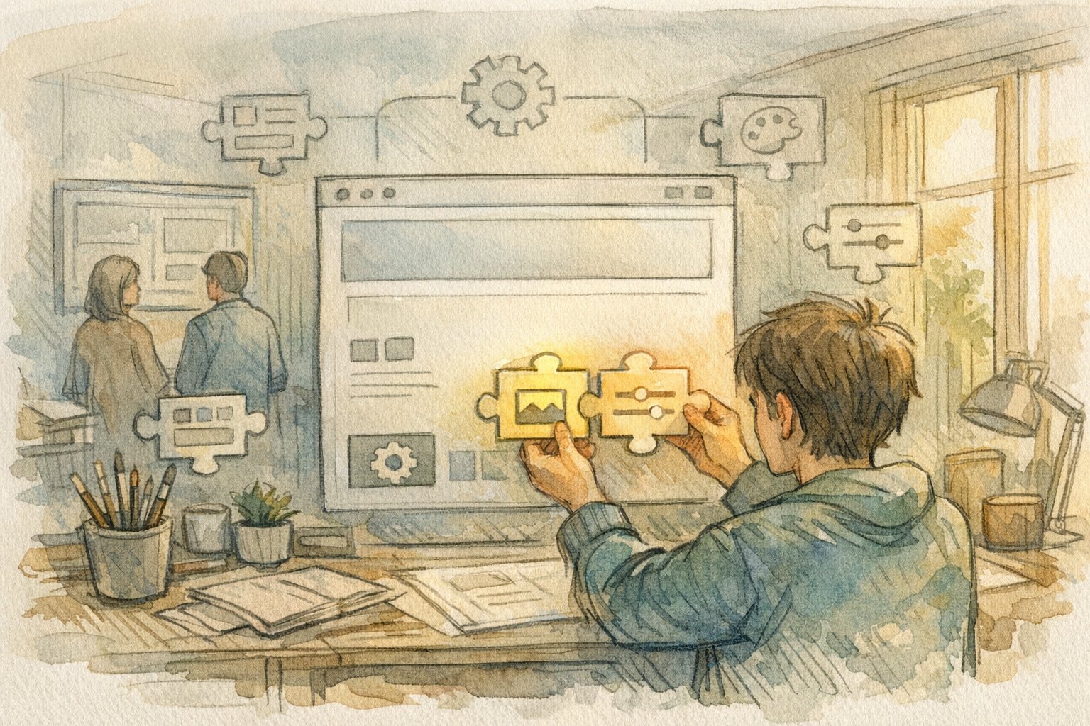 WordPress 6.x 最新機能 まとめを踏まえた、プラグイン選定と整理を象徴する静かな作業空間イラスト