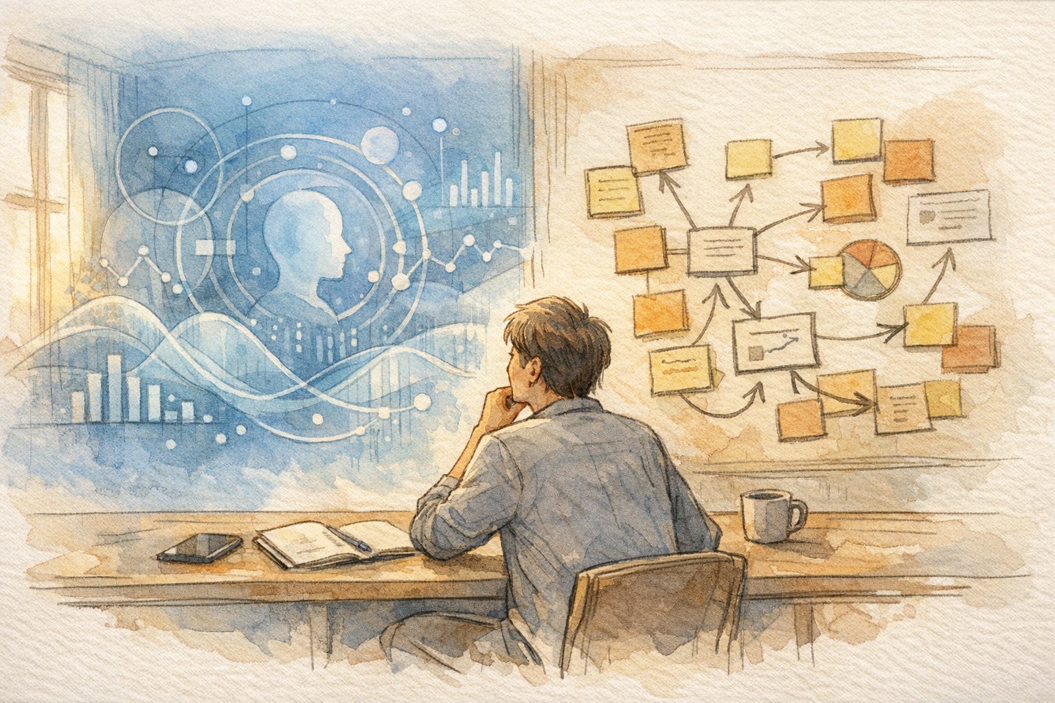 静かなデスクでマーケターがAI分析手法と仮説思考を比較し役割分担を考える場面