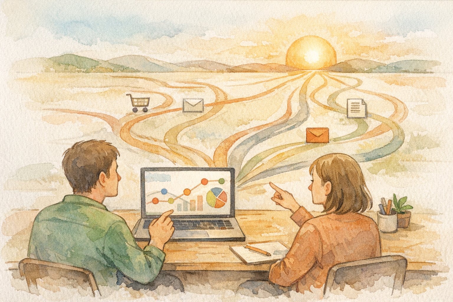 コンバージョン設定を検討する二人のビジネスパーソンとGoogleアナリティクス4(GA4) 使い方の概念図
