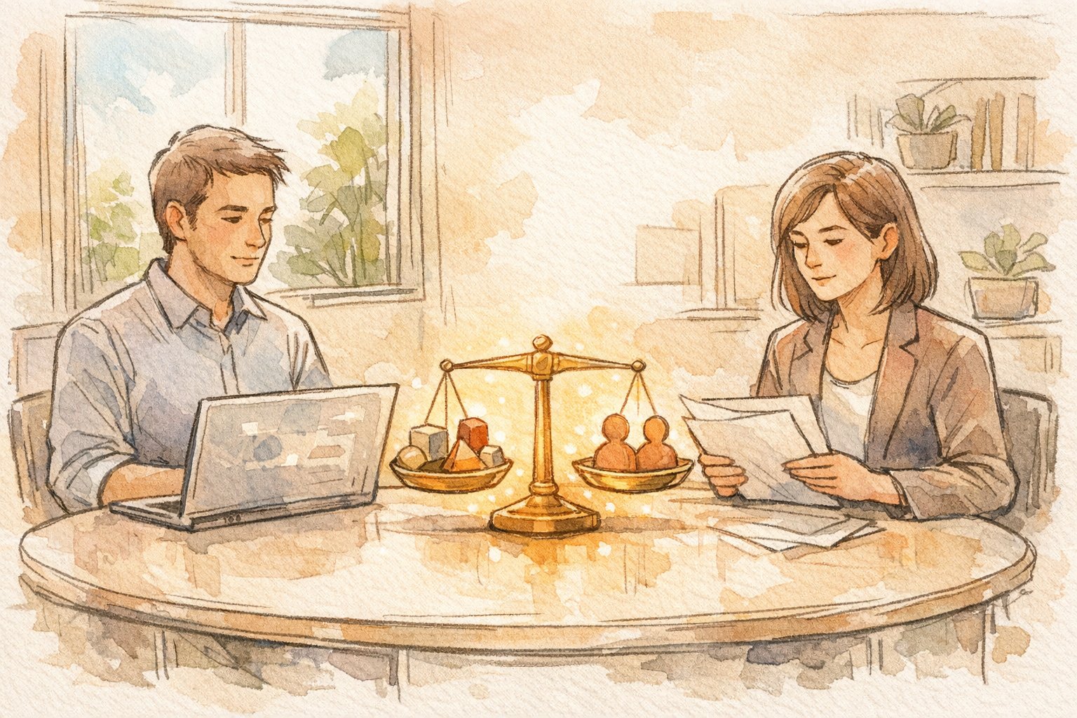 人事 AI 採用 活用における評価の公平性とバイアスを象徴的に示すイラスト