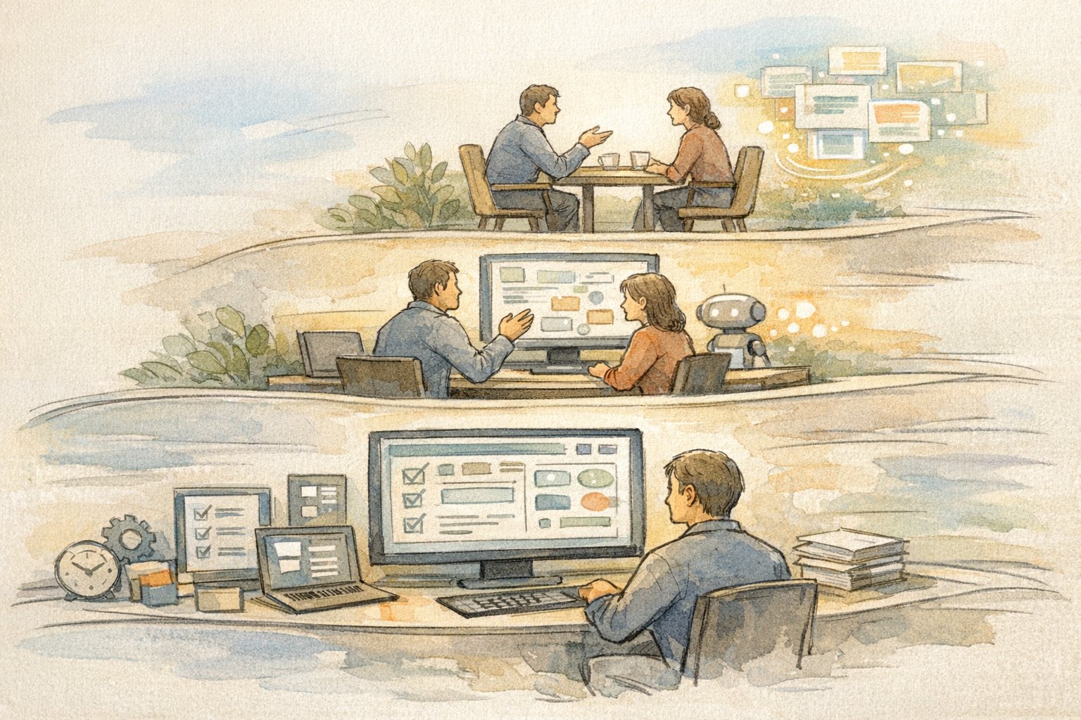 階層的なワークスペースで対話と業務分担を描いたイラスト, カスタマーサクセス AI 効率化