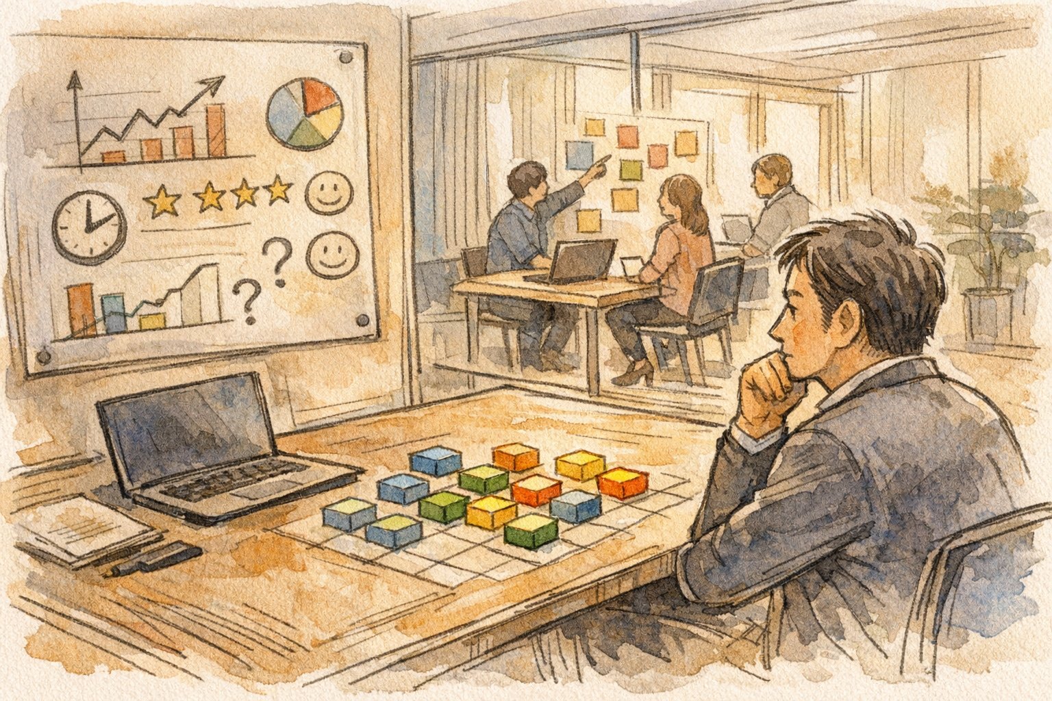 経営者 生成AI 導入の判断基準を踏まえ、小さく試し成果を観察するオフィス風景