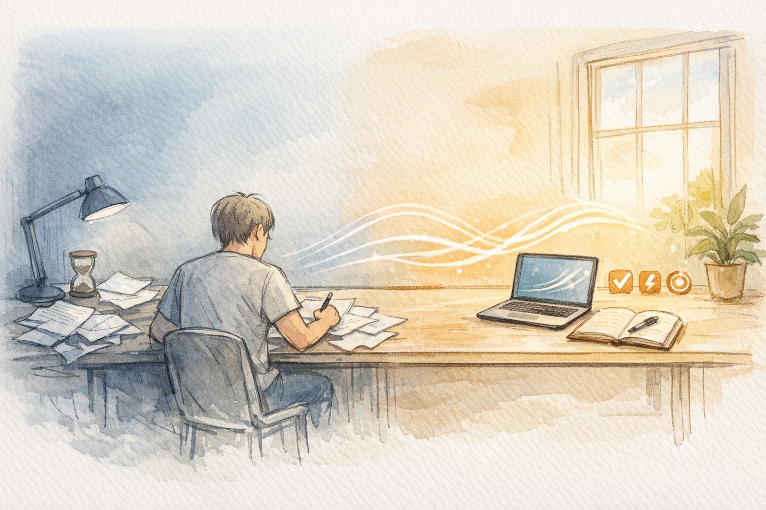 AI ライティングツール 無料 vs 有料による作業環境の変化を対比したイラスト