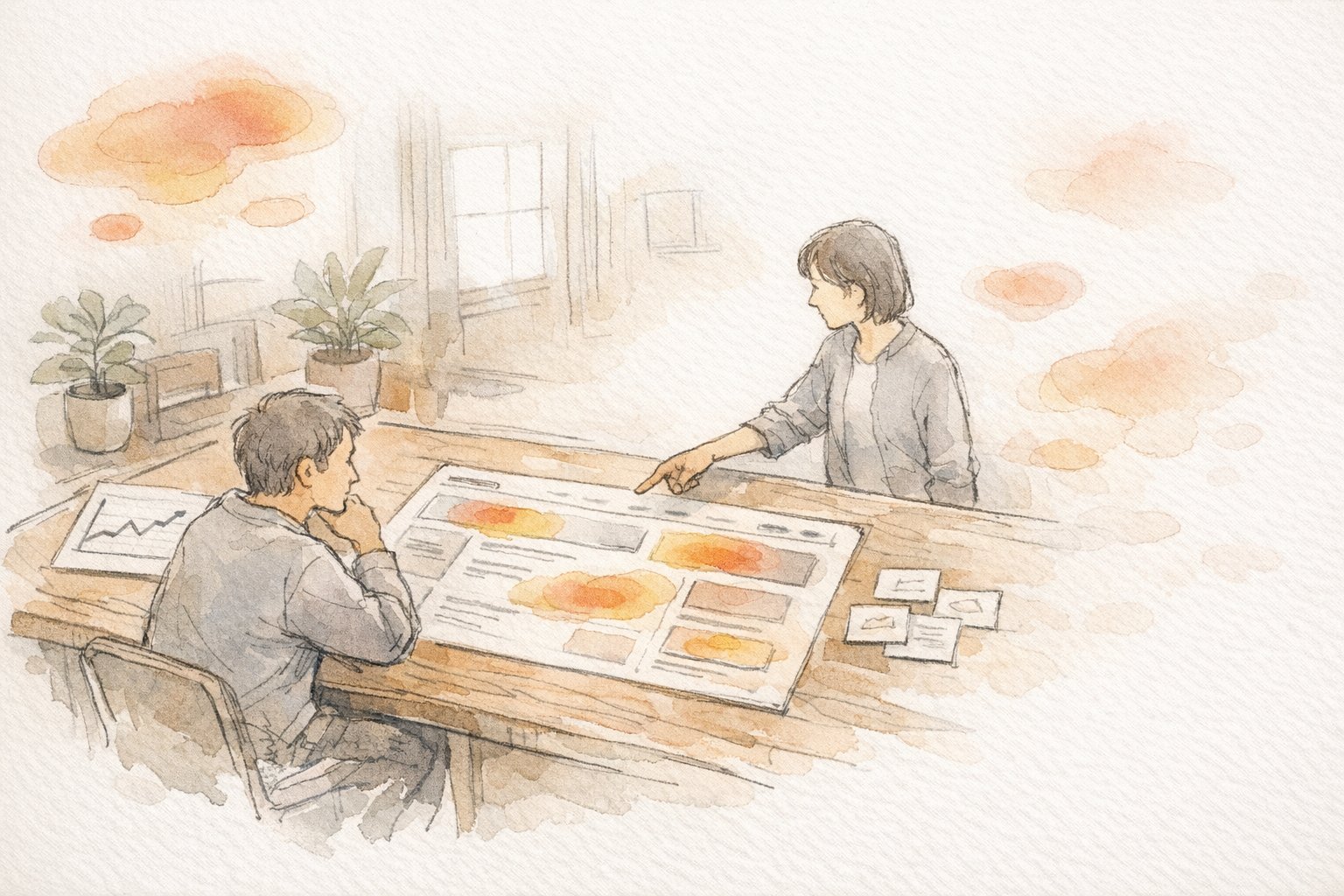 熟読エリア 分析の限界を踏まえ、ヒートマップを見ながらコンテンツ設計を議論する様子