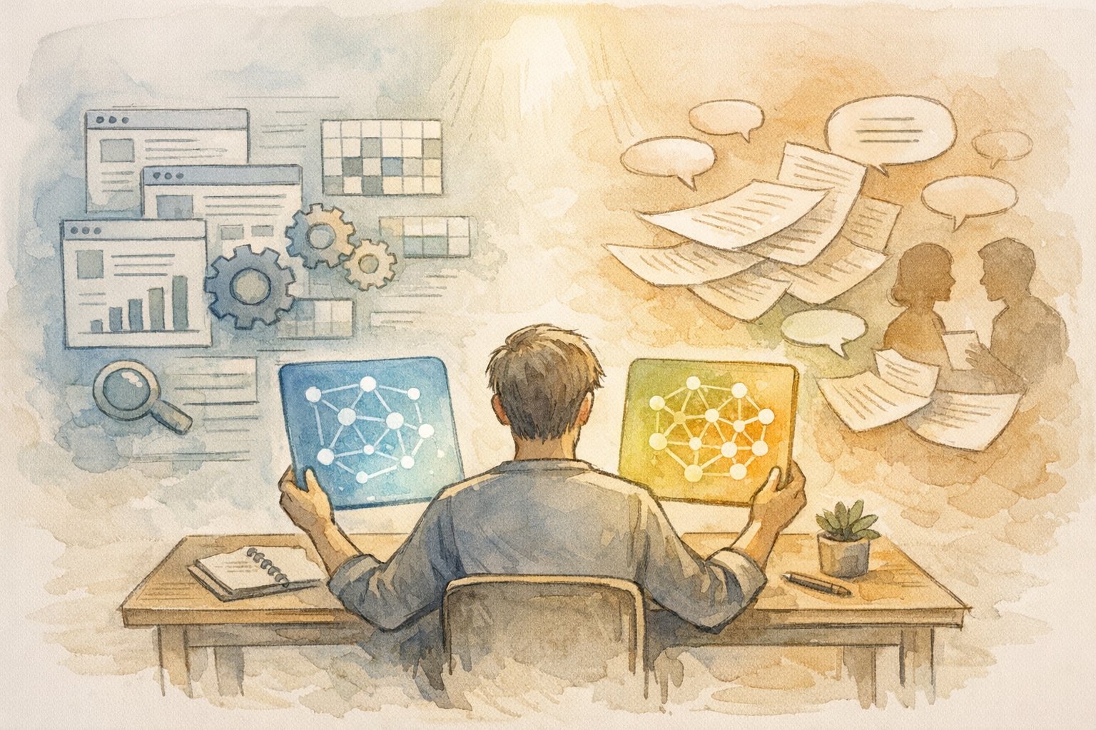 SEO 強い AI ツール ランキングを技術要素と読者理解の両面から比較検討するイラスト