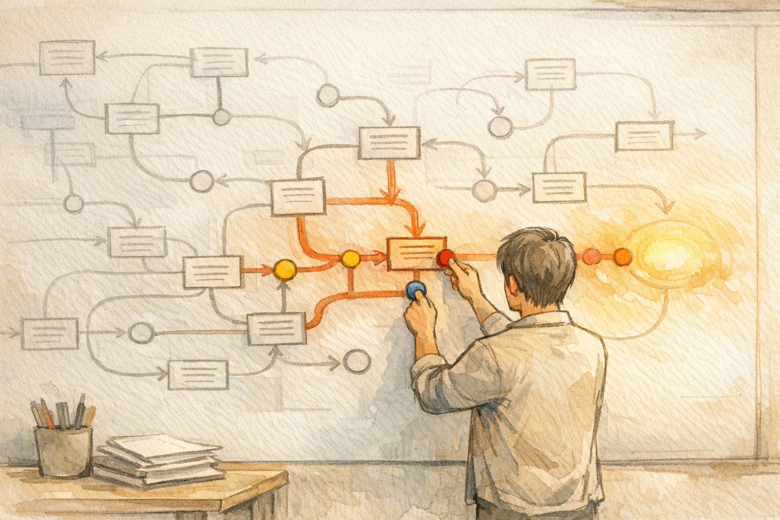 離脱ポイント 特徴を踏まえ重要な導線だけを強調したサイト構造の手描きイラスト