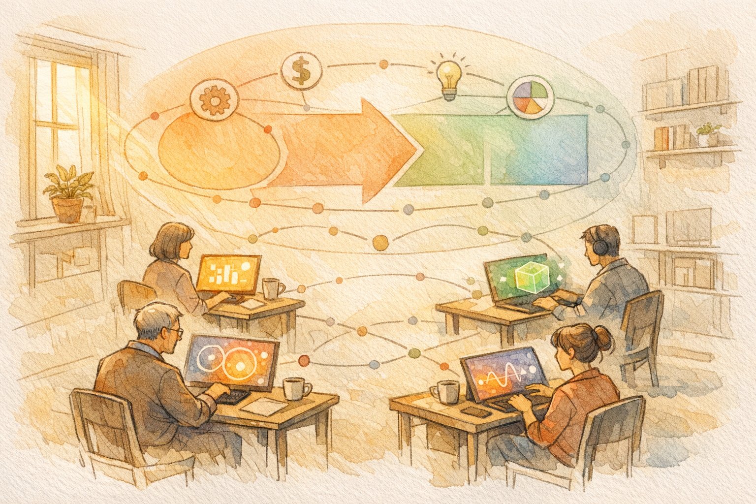 チームでコスパ最強 生成AI 組み合わせを設計する共同ワークスペースのイラスト
