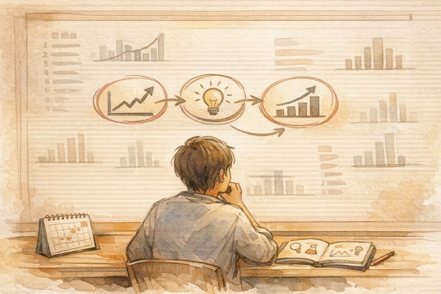 検索順位 毎日チェックからノイズを減らし、仮説検証で変化と結果を結ぶイラスト