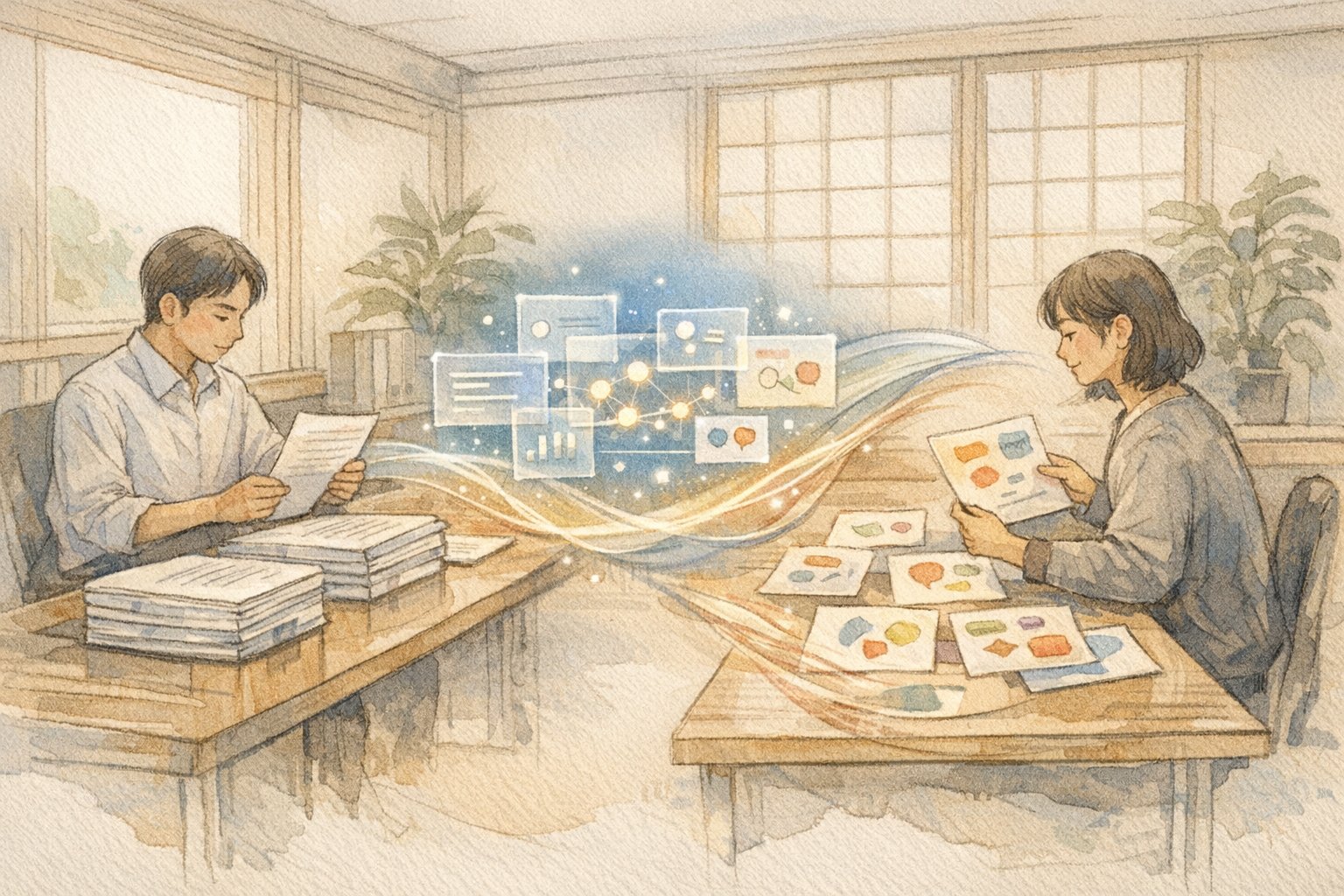 ビジネス文書とマーケ原稿をAIが橋渡しする日本語 精度が高い AI おすすめの概念イラスト