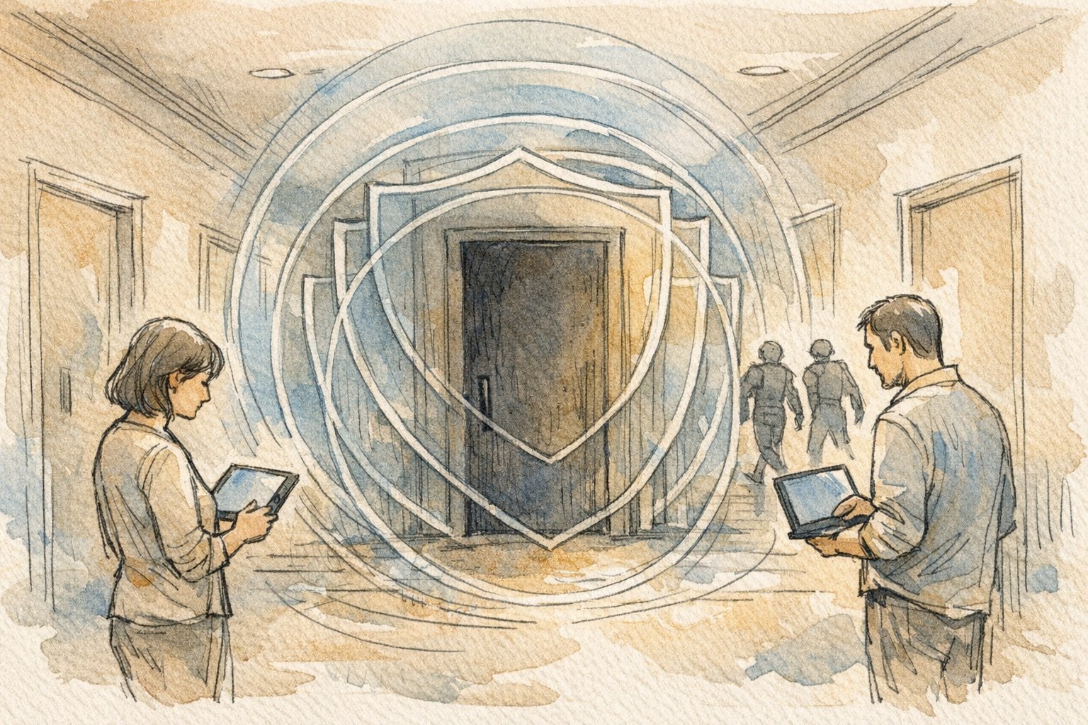 WP ログインURL 変更 セキュリティの多層防御を示す廊下と隠れた扉のイラスト