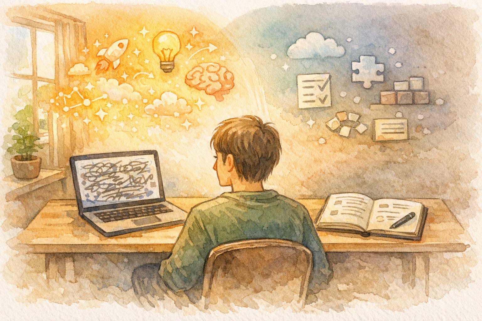 初心者向け AI 執筆 入門 ツールの期待と現実のギャップを象徴的に描いたイラスト