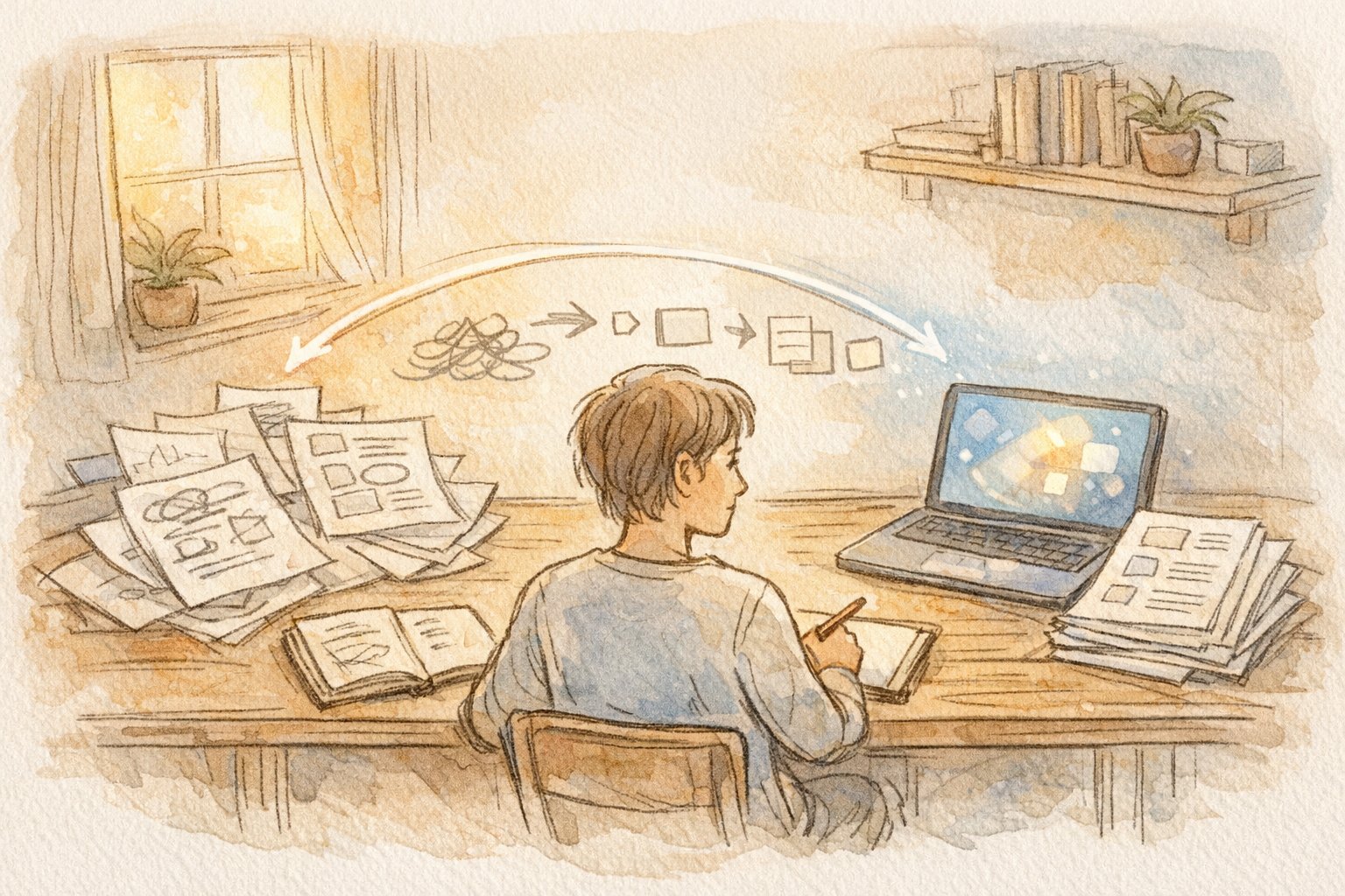 初心者向け AI 執筆 入門 ツールと人の下書き推敲のバランスを描いたイラスト