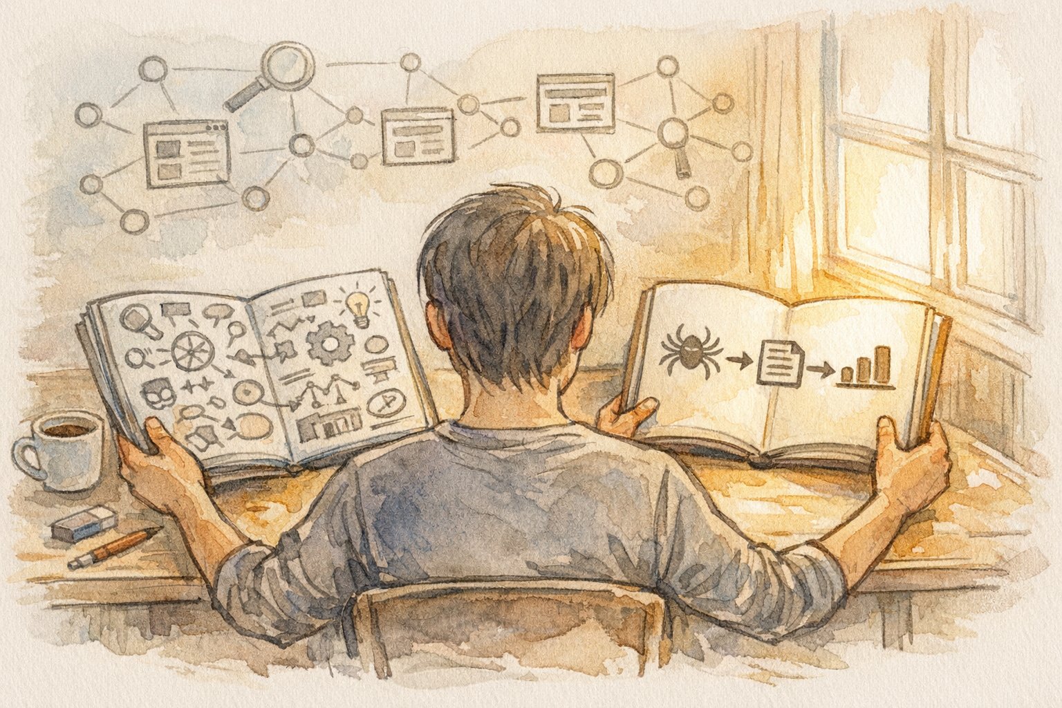 机でノートを見比べながらSEO 独学 勉強法を整理する大人のイラスト