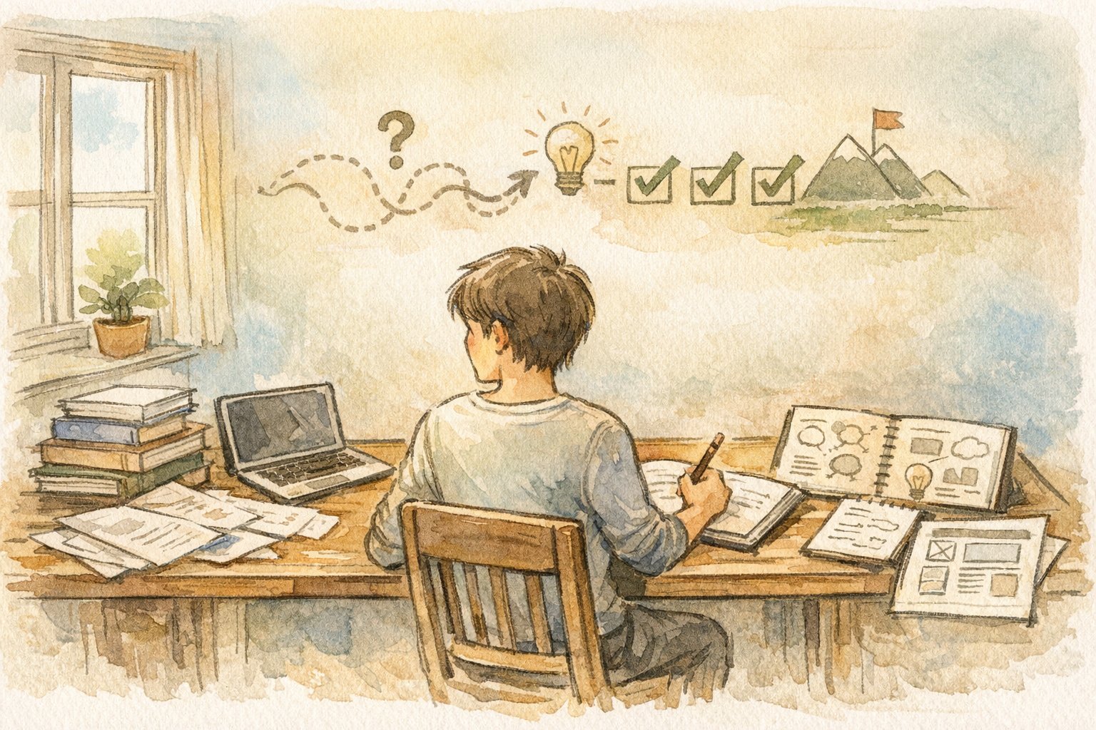 デスクで学習インプットからアウトプットへ移行する様子を描いた、SEO 独学 勉強法のイメージ
