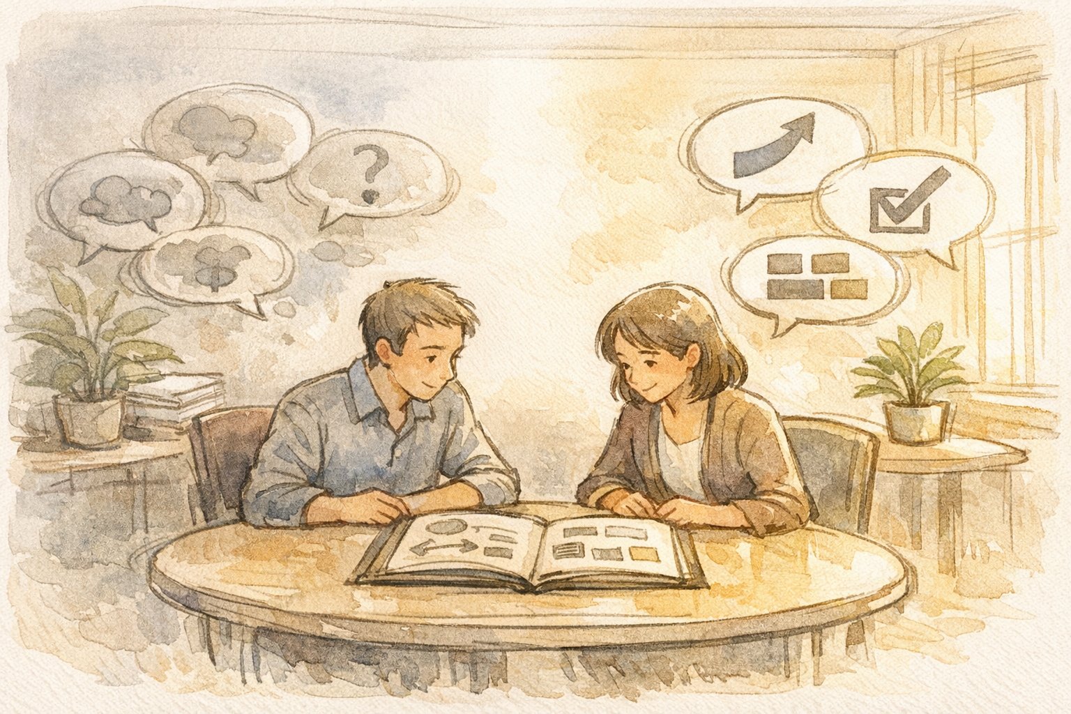 SEO 営業 文句を整理し、あいまいな提案を分かりやすく可視化する打ち合わせシーン