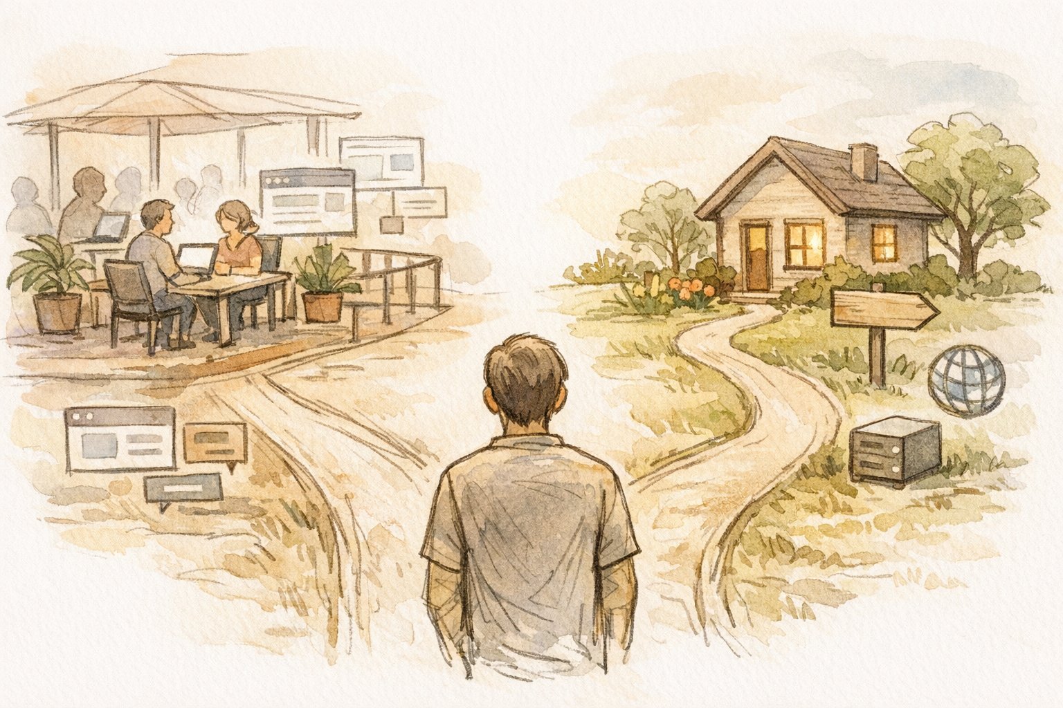 WordPress vs note 使い分けを象徴する分かれ道、借り物の場と自前サイトを対比したイラスト