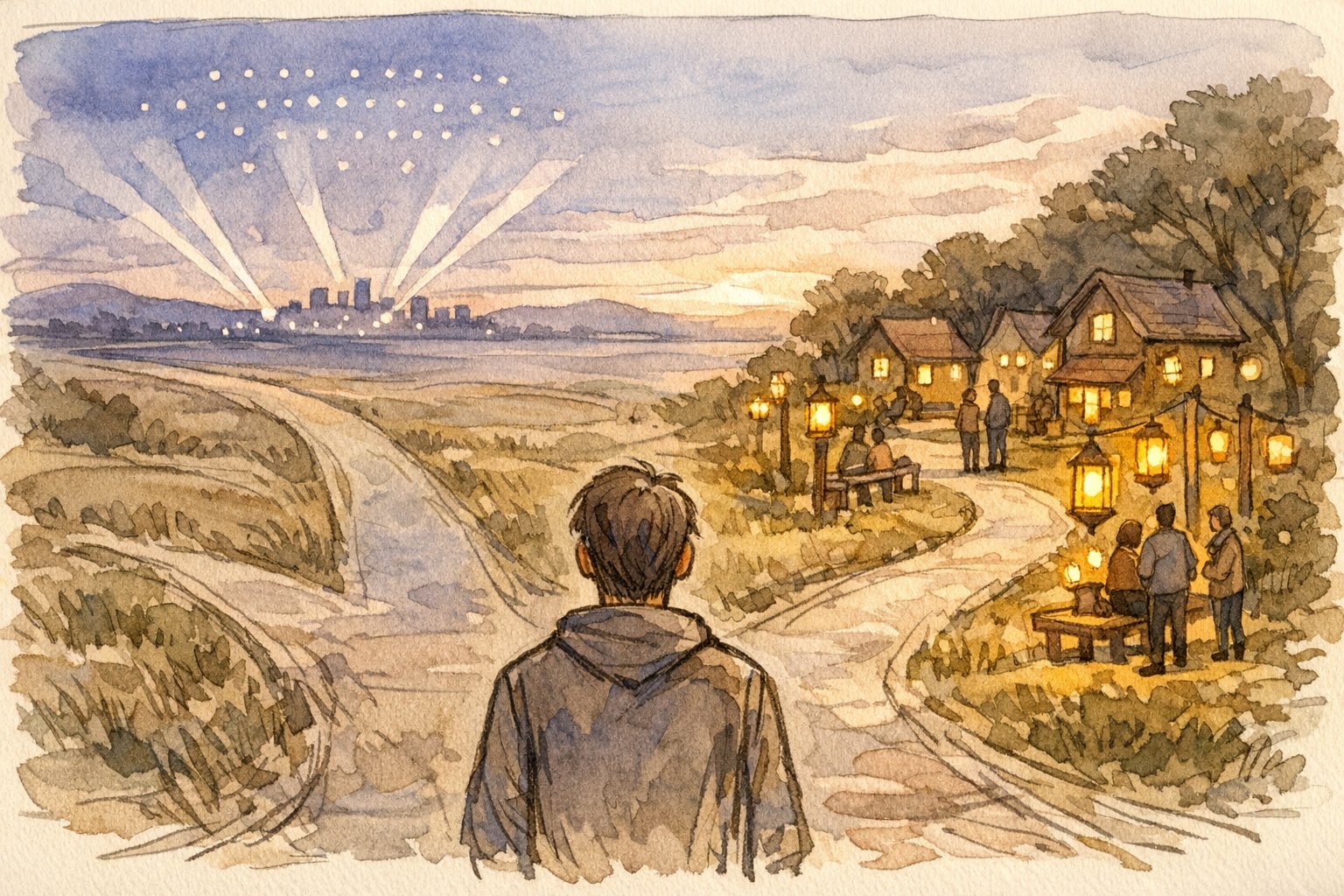 分岐する二つの道で悩む人物、WordPress vs note 使い分けの象徴的イラスト
