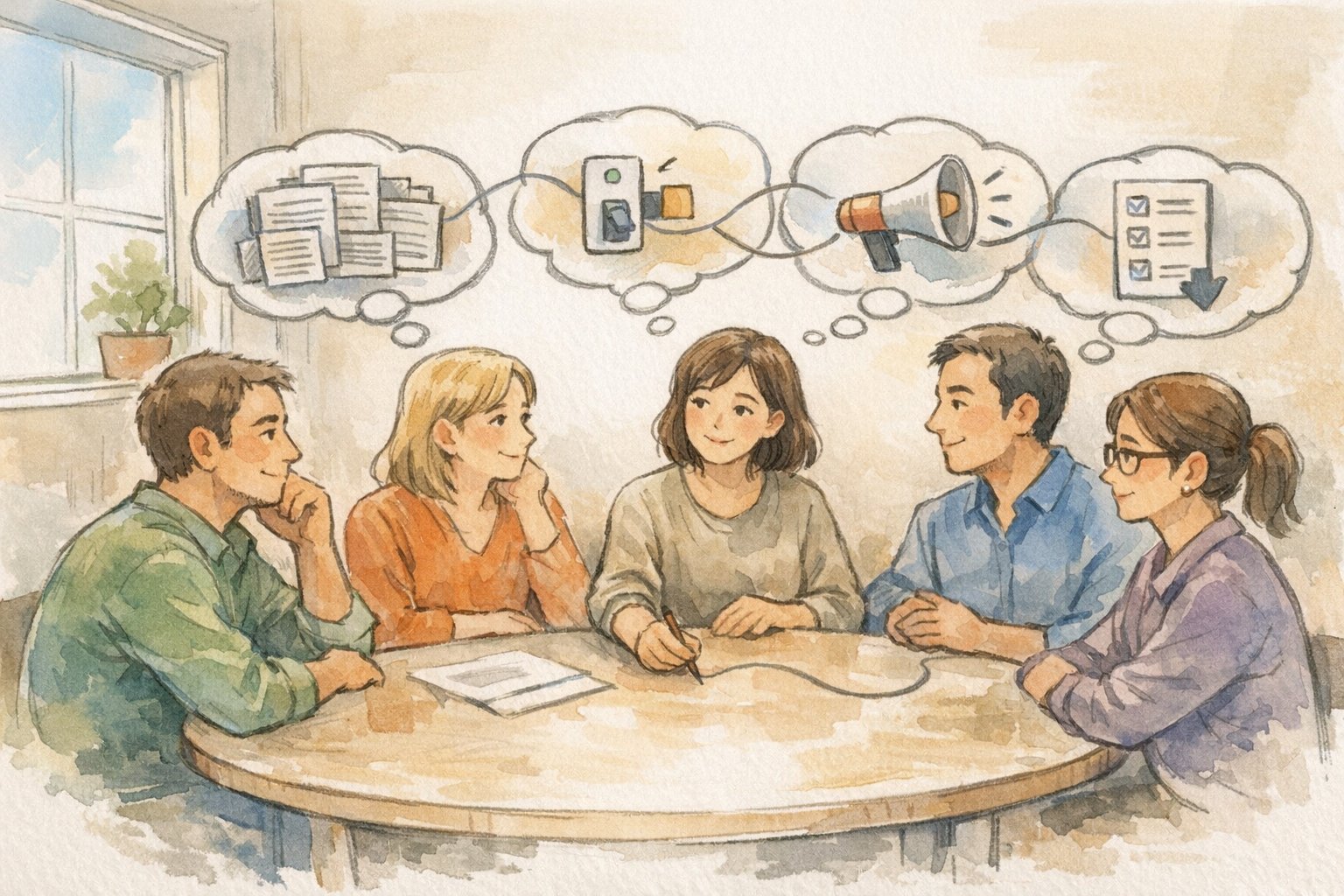 社内の前提が異なるメンバーを俯瞰しつつ、社内SEO 説得の前に静かに観察する様子