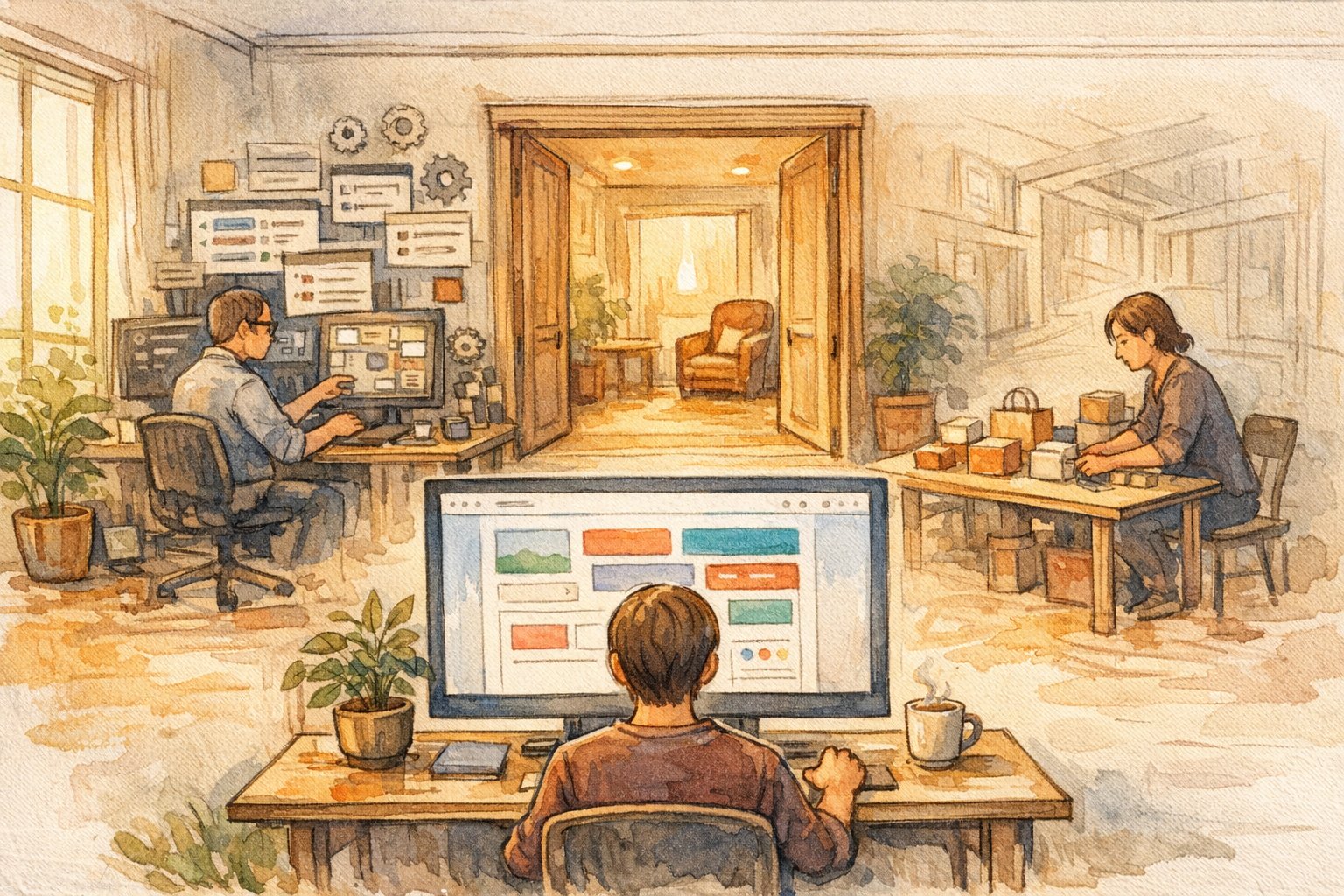 Wixを直感的に操作する人とWPやShopifyを対比しWP vs Wix vs Shopify 違いを示すイラスト