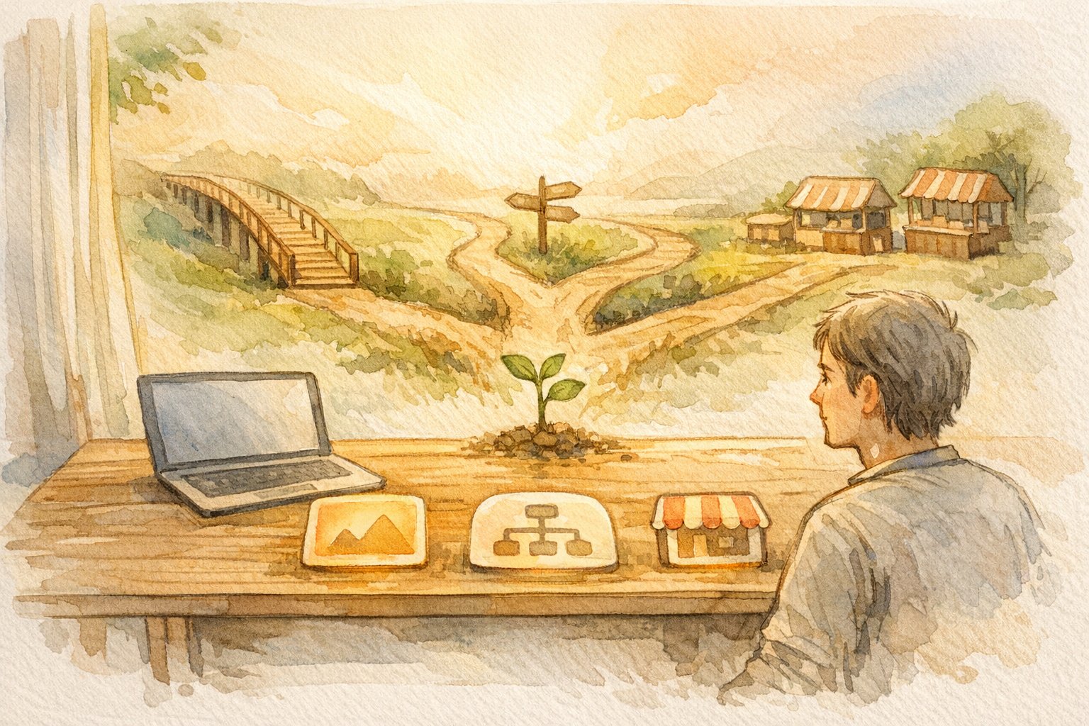 WP vs Wix vs Shopify 違いを象徴する三つの分岐したWebサイトの道と静かな作業机