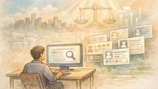 Wikipedia 掲載 価値を静かなデスク作業と検索結果の変化で象徴的に示すイラスト