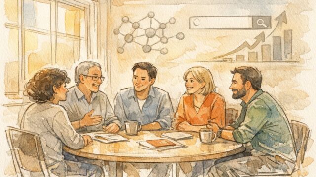 明るい会議室で業界団体メンバーが協議する様子、業界団体 加入 SEOの信頼性向上を象徴