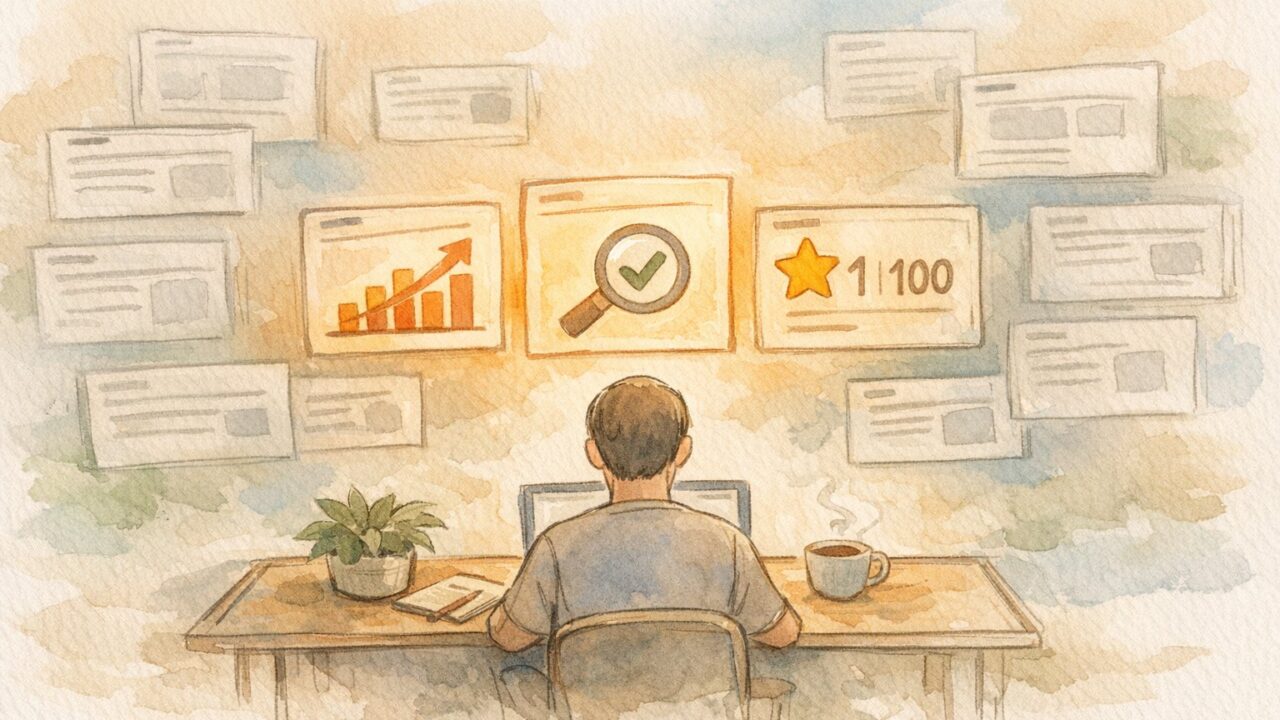 実績 公開 SEOの信頼性を示す、成果が際立つ落ち着いたワークスペースのイラスト