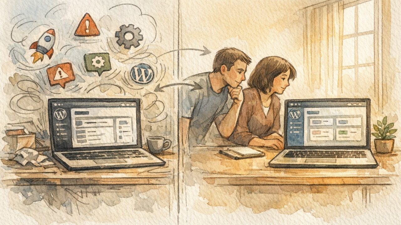 WordPress テストサイト（ステージング） 作り方の概念を示す、混沌と安定した二画面の対比イラスト