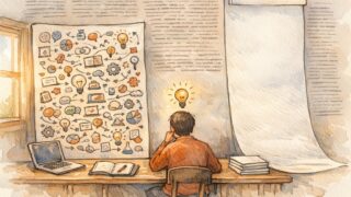 AI 記事作成 文字数が足りない課題を整理するデスク、量より内容の深さを対比描写