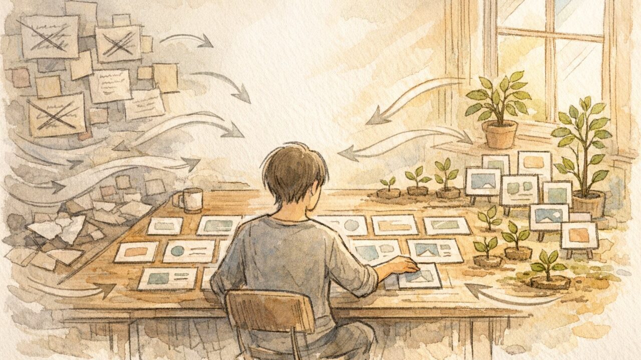 コアアップデート 対策を短期施策から長期改善へシフトし、全体最適を図る様子を描いたイラスト
