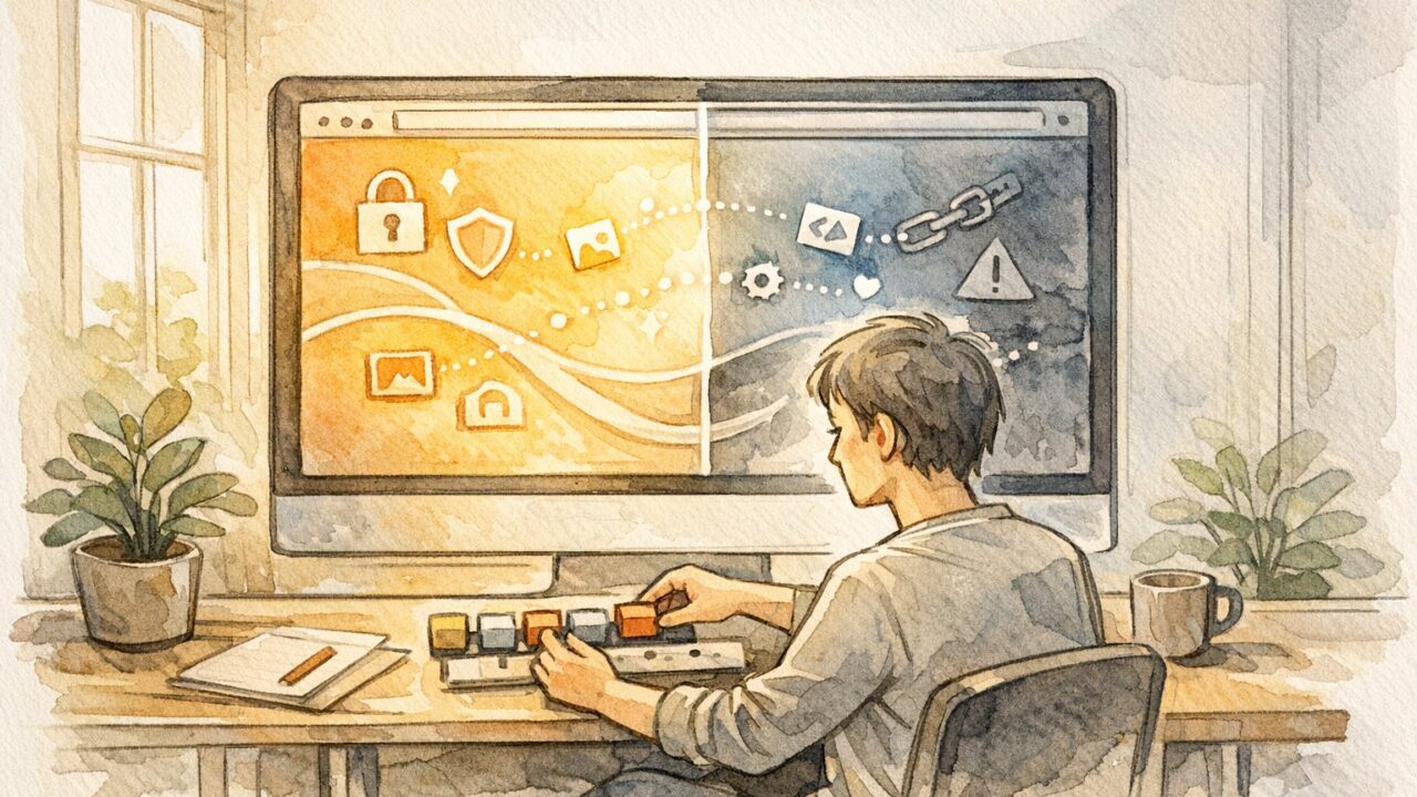 ブラウザ警告に向き合う利用者と画面、WordPress 混在コンテンツ（Mixed Content） 解消の概念イラスト