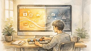 ブラウザ警告に向き合う利用者と画面、WordPress 混在コンテンツ（Mixed Content） 解消の概念イラスト