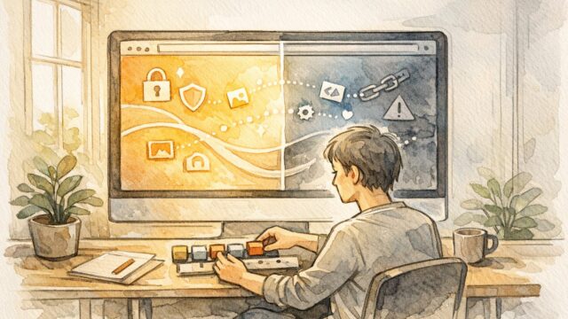 ブラウザ警告に向き合う利用者と画面、WordPress 混在コンテンツ（Mixed Content） 解消の概念イラスト