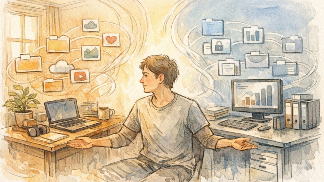 AI ツール 複数アカウント 運用を整理し家庭用と仕事用を分けて管理する様子