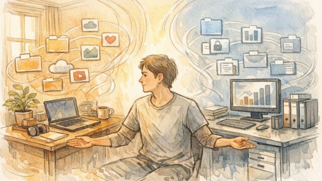 AI ツール 複数アカウント 運用を整理し家庭用と仕事用を分けて管理する様子