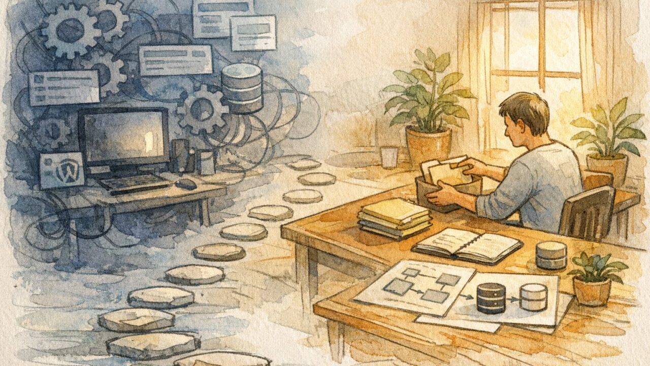 WordPress サイト引っ越し ツールなしで、複雑な自動ツールと手作業による整理手順を対比したイラスト