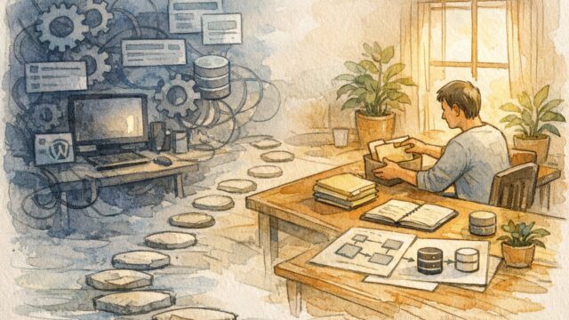 WordPress サイト引っ越し ツールなしで、複雑な自動ツールと手作業による整理手順を対比したイラスト