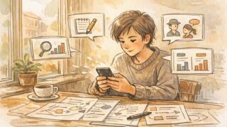 カフェでスマホで長いプロンプトを打つコツを実践しつつ、整理メモを広げて構想する人物
