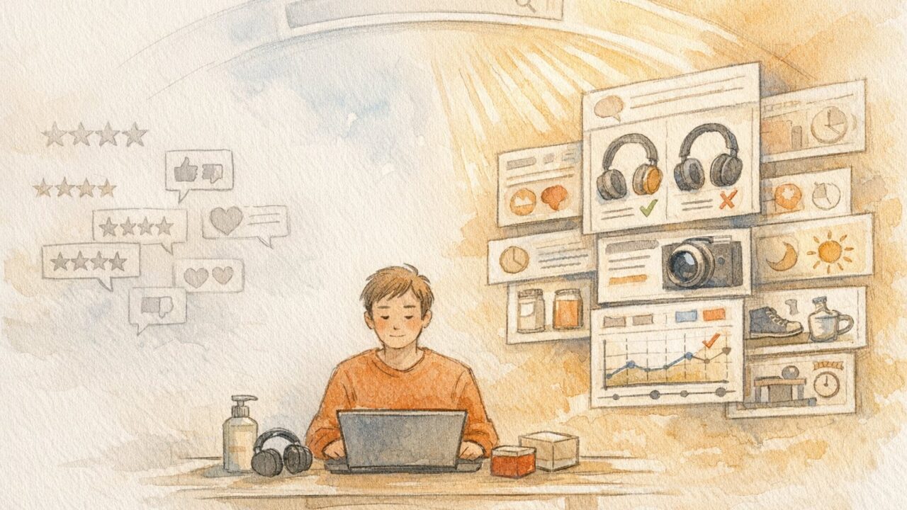 プロダクトレビュー アップデートで浅い評価から体験重視のレビューへ変化する様子を示すイラスト