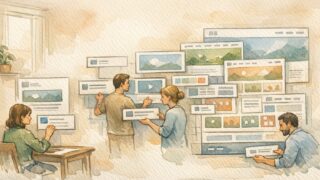 WordPress フルサイト編集 (FSE) とはを象徴し、投稿編集からサイト全体設計へ進化する様子のイラスト