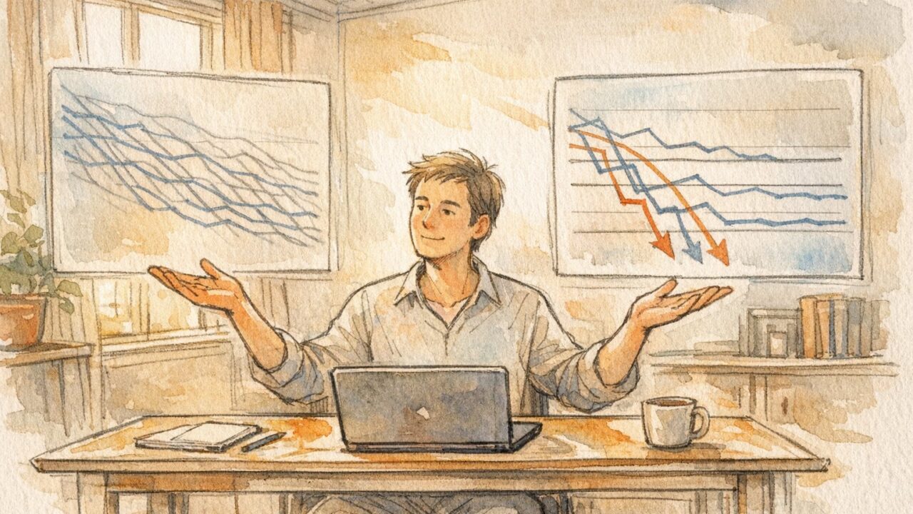 検索アナリストがグラフを比較しながら順位下落 原因のパターンを整理するイラスト