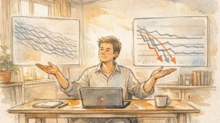 検索アナリストがグラフを比較しながら順位下落 原因のパターンを整理するイラスト