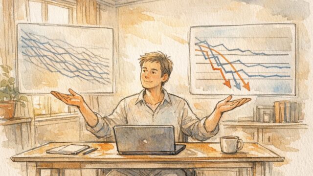 検索アナリストがグラフを比較しながら順位下落 原因のパターンを整理するイラスト