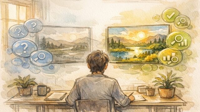 検索意図の変化 追う過程を示すデスクワーク、過去と現在の検索結果比較と揺れるキーワード