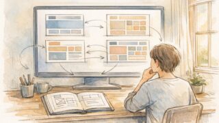 WP スタイルバリエーション 変更を検討する人が、前提条件を整理しつつデザイン案を比較する様子