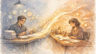 編集者 AI 校正 フローを象徴的に描いたイラスト、機械的チェックと文脈判断を橋渡しする場面