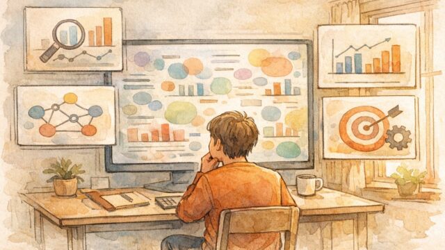 Ahrefs 使い方に初めて触れて戸惑う大人が指標やツールを整理して理解しようとする様子