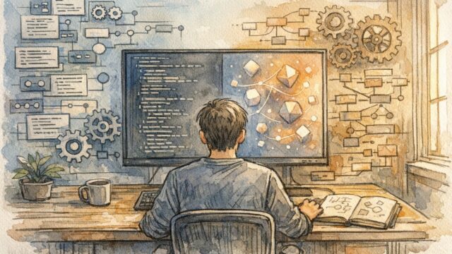 プログラマー AI コーディング 効率を高める静かなデスク環境と人とAIの協調作業を描いたイラスト